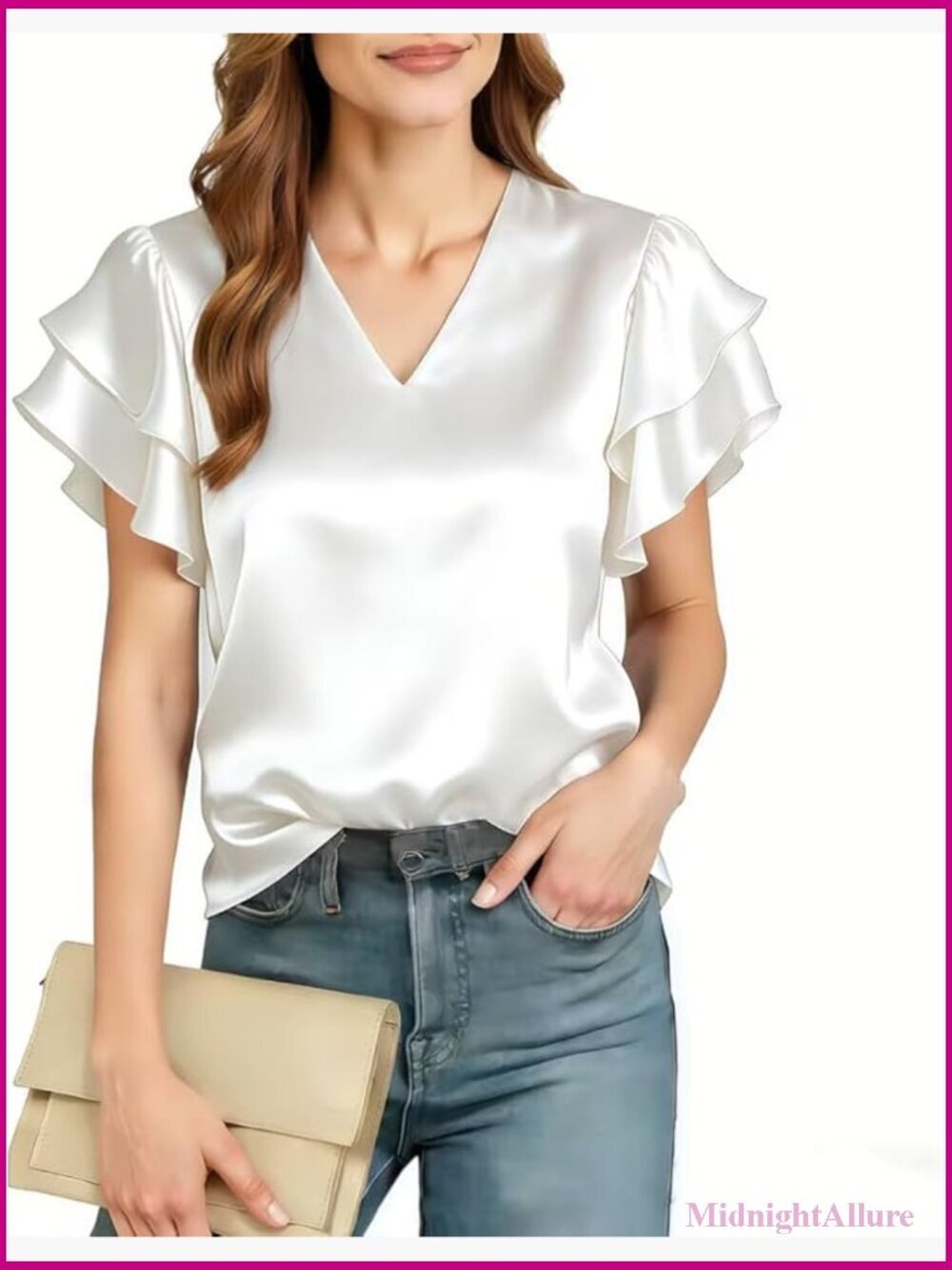 V Neck Satin Tops Ruffle Flutter Short Sleeve Blouse Dressy Casual Summer